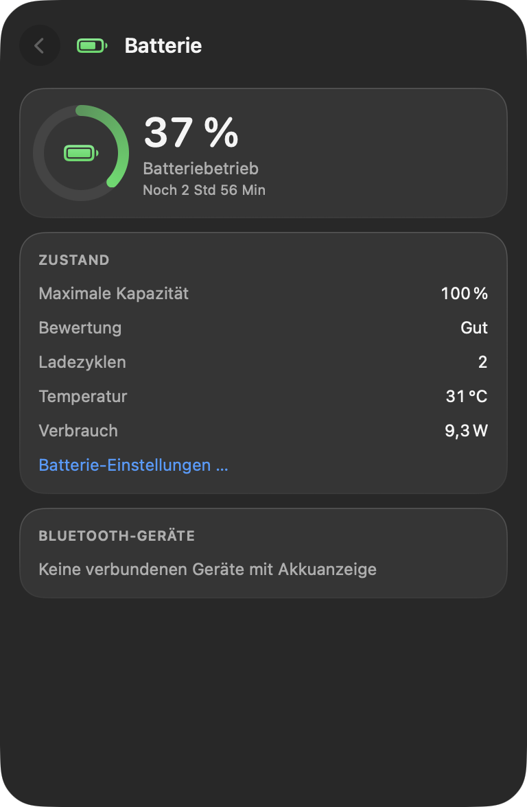 Die Batterie-Detailansicht mit Ladering, Zustand und Ladezyklen