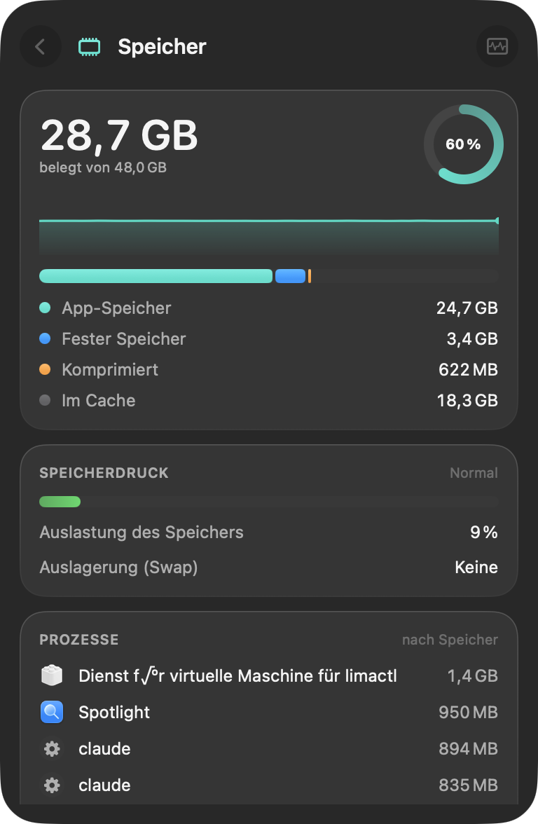 Die Speicher-Detailansicht mit Belegungsring, Segmentbalken und Speicherdruck