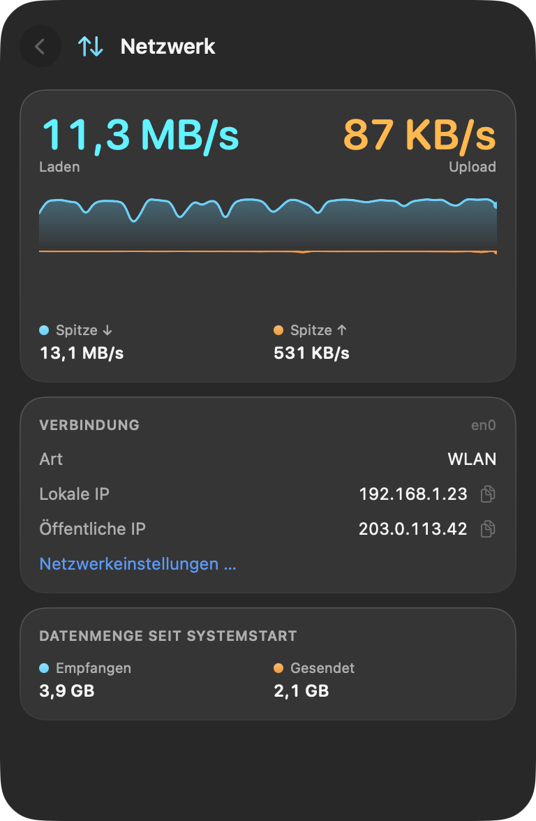 Die Netzwerk-Detailansicht mit Live-Raten, Verlauf und Verbindungsdetails