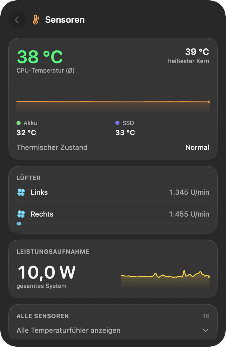 Die Sensoren-Detailansicht mit CPU-Temperatur, beiden Lüftern und Leistungsaufnahme