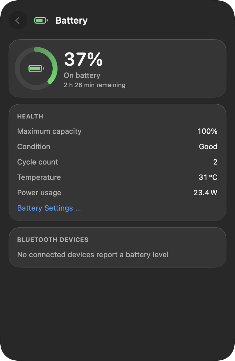 The battery detail view with charge ring, health and cycle count