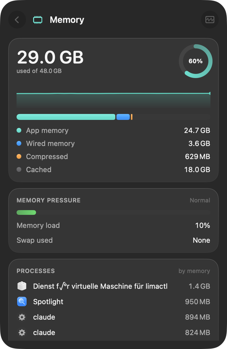 The memory detail view with a usage ring, a segmented bar and memory pressure