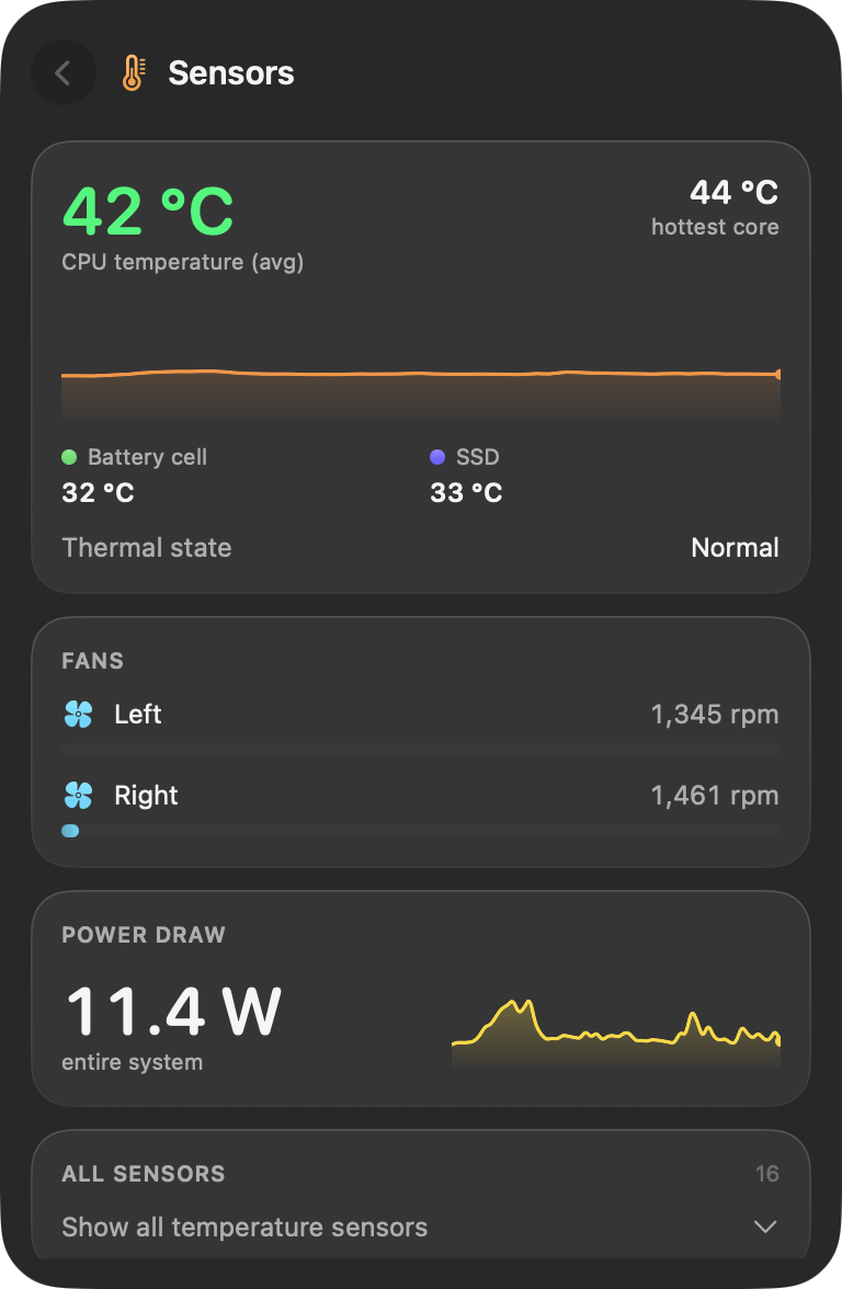 The sensors detail view with CPU temperature, both fans and power draw