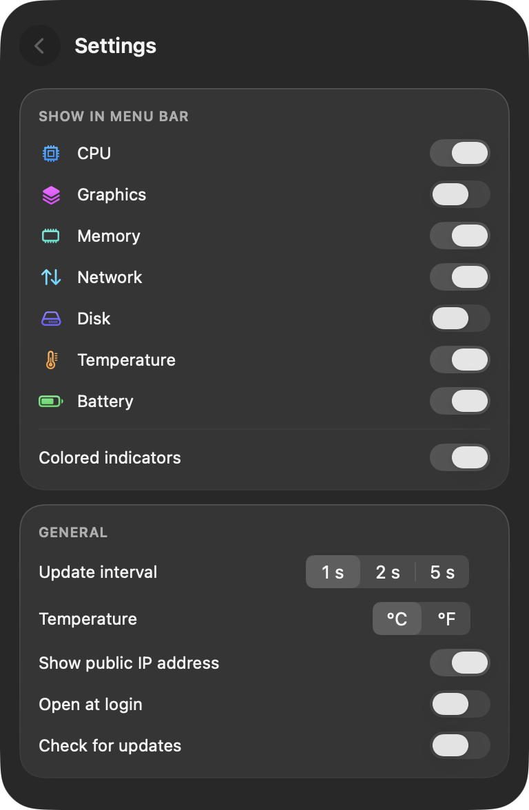 The settings view with menu bar switches and general options